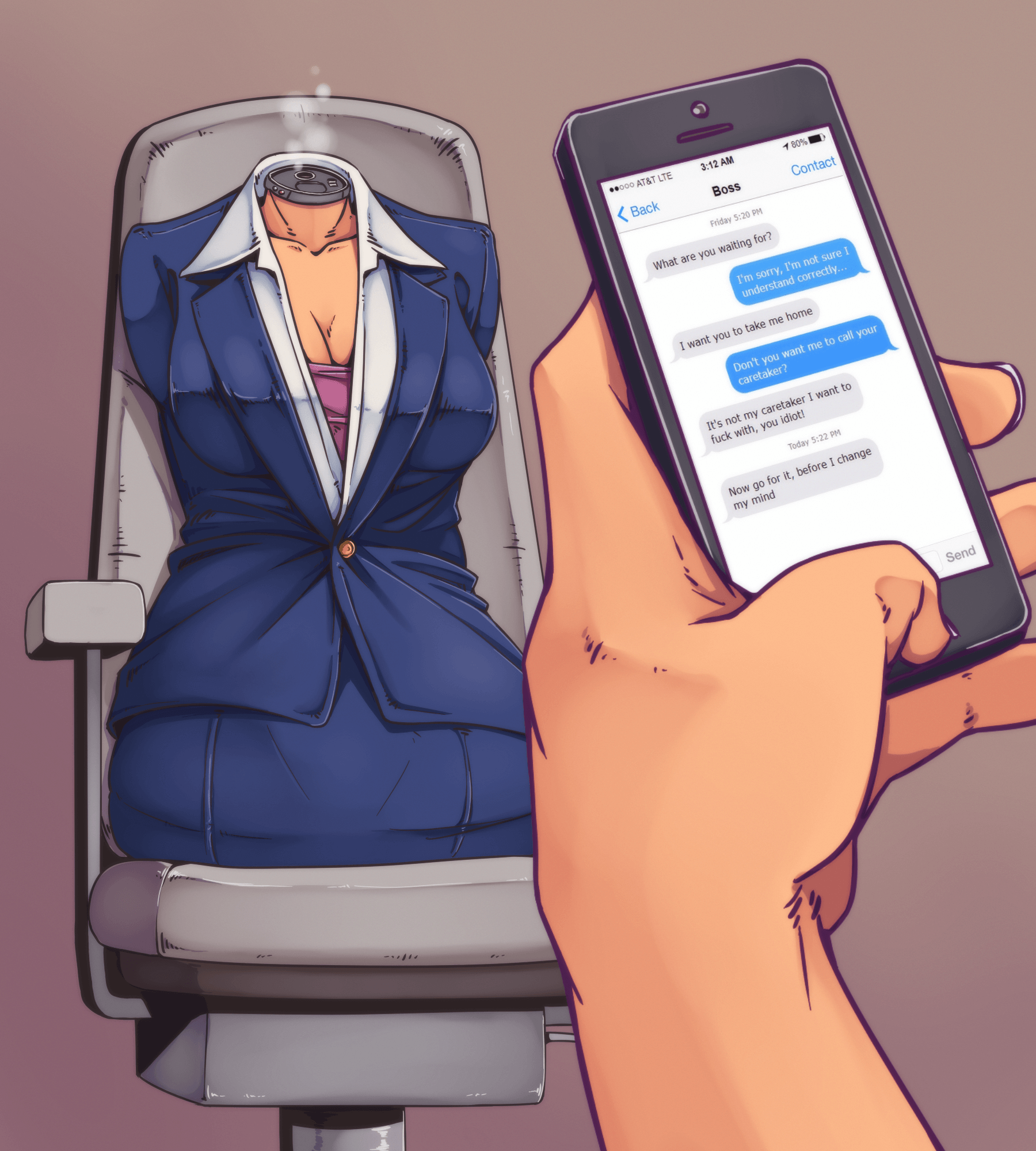 A drawn torso without head or limbs, with a phone and hand in foreground 'talking' to her about hooking up.